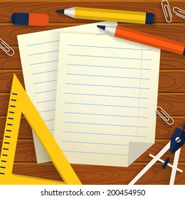 Wooden background with stationery, lined sheets of paper and place for  your text. School concept. Flat design. Vector illustration.