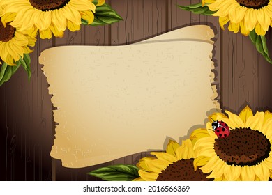 Wooden background with sunflowers.A sheet of paper and sunflowers on a wooden background in vector illustration.