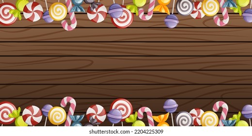 Wooden background with sweet treat. Frame from lollipops, candies. Cartoon vector illustration for holiday, store, halloween. Space for text