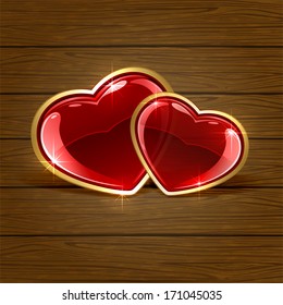 Wooden background with two shiny hearts, illustration.