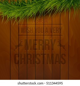 Wooden background typography merry christmas sign and Christmas fir tree. Vector holiday Illustration