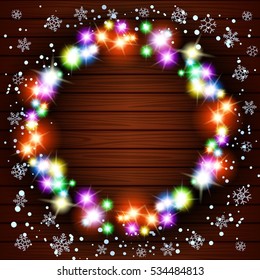 Wooden background with vintage garlands, Vector EPS10, Christmas lights art snow