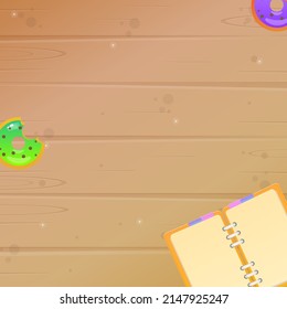 Wooden Background Wallpaper Nature Brown Open Note Book And Donuts Cute Cartoon Colorful Vector Design
