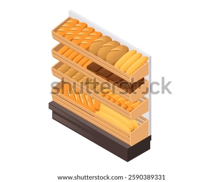 Wooden bakery display stand with bread products. Multi-level pastry shelf. Retail equipment for baked goods. Grocery store bread section. Vector illustration isometric style isolated on white.