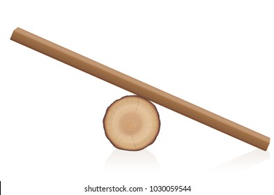 Wooden balance toy. Simple rustic seesaw constructed of a lying tree trunk and a wooden plank - isolated vector illustration on white background.