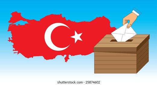 Wooden ballot box with a vote letter and Turkey Map and Flag. Clip-art for September 12 Referendum in Turkey
