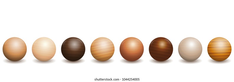 Wooden balls. Different wood types - variety of eight polished, varnished textured samples - brown, dark, gray, light, red or yellow decor models with reflections of light and shadow.