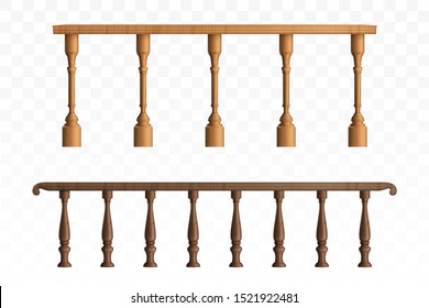 Wooden balustrade, balcony railing or handrails set. Banister or fencing sections with decorative pillars. Panels balusters for architecture design isolated elements. Realistic 3d vector illustration