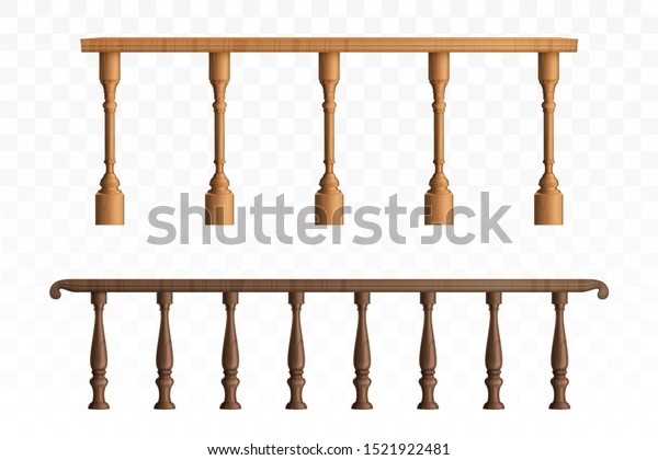 Wooden balustrade, balcony railing or
handrails set. Banister or fencing sections with decorative
pillars. Panels balusters for architecture design isolated
elements. Realistic 3d vector
illustration