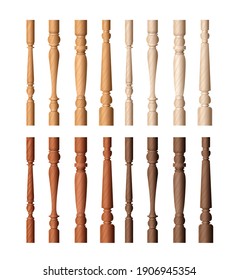 Wooden balustrade pillar vector illustration set. Realistic brown baluster columns for architectural decor collection, interior or exterior decoration, decorative element of stairway isolated on white