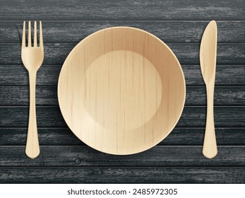 Wooden or bamboo disposable empty plate fork, table knife. On a wooden table. Stock vector illustration