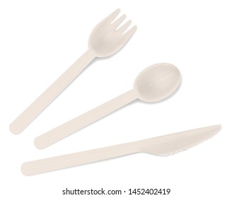 Wooden bamboo fork, spoon and knife, vector illustration. Disposable biodegradable eco cutlery set.