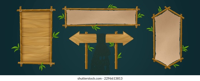 Wooden bamboo sign board frame game ui vector set. Wooden signboard with rope on stick and border isolated tropical illustration. Hawaiian empty menu panel layout for message or notification