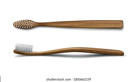 Wooden Or Bamboo Toothbrush Mockup, Dental Care And Oral Hygiene Stomatological Product, Wood Toiletries Templates, Wood Tooth Brush Isolated On White Background. Realistic 3d Vector Illustration