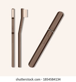 Wooden, bamboo toothbrushes, isolated on beige background. ECO natural brush in flat style.