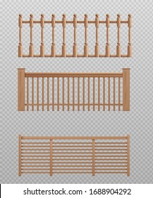 Wooden banister set - realistic balcony barrier or wood safety handrail collection isolated on transparent background. Vector illustration of decorative railings.