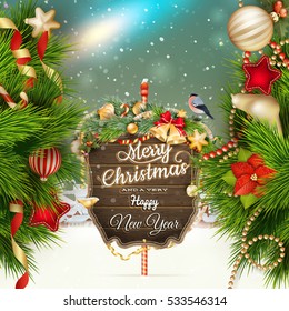Wooden banner with Christmas Fir-tree branches. EPS 10 vector file included