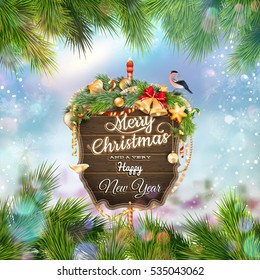 Wooden banner with Christmas Fir-tree branches. EPS 10 vector file included