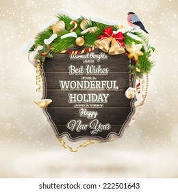 Wooden banner with Christmas Fur-tree branches. EPS 10 vector file included