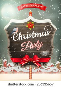 Wooden banner with Christmas Fur-tree branches. EPS 10 vector file included