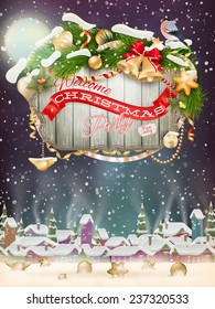 Wooden banner with Christmas Fur-tree branches. EPS 10 vector file included