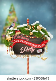 Wooden banner with Christmas Fur-tree branches. EPS 10 vector file included