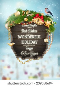 Wooden banner with Christmas Fur-tree branches. EPS 10 vector file included