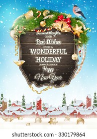 Wooden banner with Christmas Fur-tree branches. EPS 10 vector file included