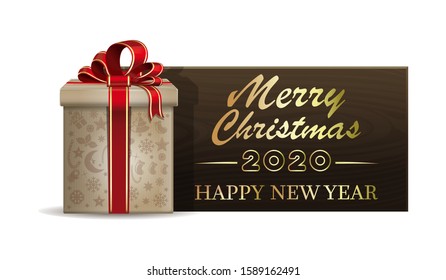 Wooden banner with Christmas gift box for New Year 2020. Merry Christmas and Happy New Year. Vector illustration