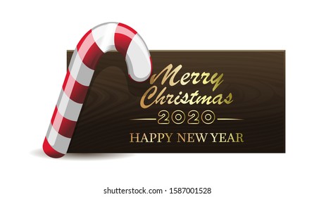 Wooden banner with Christmas red-white candy for New Year 2020. Merry Christmas and Happy New Year. Vector illustration
