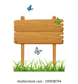 Wooden banner in a grass with butterflies isolated on white background, illustration.