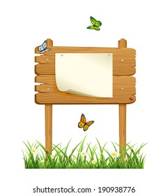 Wooden banner in grass with paper and butterflies isolated on white background, illustration.