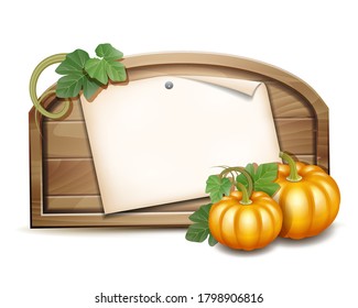 Wooden banner with Orange pumpkins. Vector illustration Autumn Harvest Festival