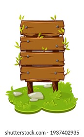 Wooden banner from panels on a cartoon island with grass.