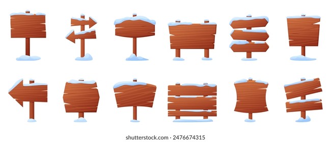 Wooden banner with snow caps. Snowy signboards, new year and christmas decoration elements. Direction signs and billboards, nowaday vector set