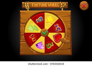 Wooden banner spin the wheel of fortune. Vector illustration of a wheel for a game, gambling bonus.