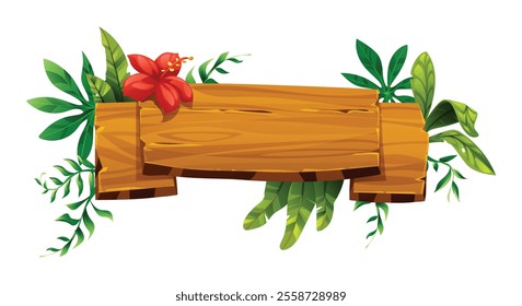 Wooden banner with tropical leaves and red hibiscus flower. Vector cartoon illustration
