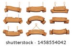 Wooden banners. Blank signboards with chains ropes and bolts vector tablet banners. Wood blank banner hanging, empty signboard illustration