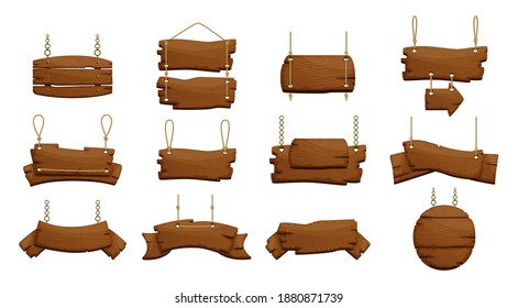 Wooden banners. Blank signboards with chains ropes and bolts. Collection consists of empty rustic wood sign board and arrows for message.