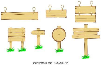 Wooden banners, wooden boards. Blank signboards with chains ropes and bolts vector tablet banners. Wood blank banner hanging, empty signboard illustration