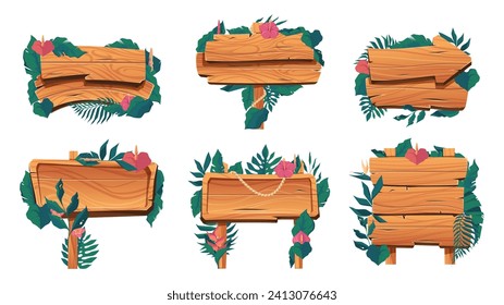 Wooden banners with plants. Exotic floral directional signs, nature decorative frame with leaves and flowers. Vector isolated set of floral wooden banner illustration