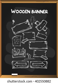 Wooden banners set on blackboard background. Free hand drawn. Vector illustration. 