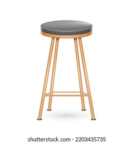Wooden bar stool realistic object. Contemporary furniture for kitchen. Comfortable chair on high legs for restaurant or coffee shop. 3d vector illustration