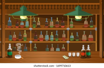 Wooden bar in wild west old style with booze vector illustration. Collection of wine bottles, barrel, glass, cigarette, banknote cartoon design. Bar background