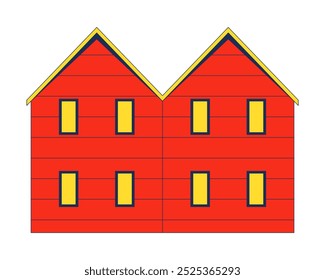 Granero de madera objeto de dibujos animados 2D. Casa de dos pisos. Ventanas de la casa trasera de la granja. Bienes raíces. Clipart de Vector plano del elemento aislado exterior del edificio en el fondo blanco. Ilustración de punto