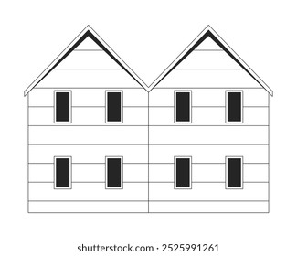 Granero de madera blanco y negro objeto de línea 2D. Casa de dos pisos. Ventanas de la casa trasera de la granja. Bienes raíces. Edificio exterior aislado Clip arte Vector elemento de contorno. Ilustración de punto monocromático