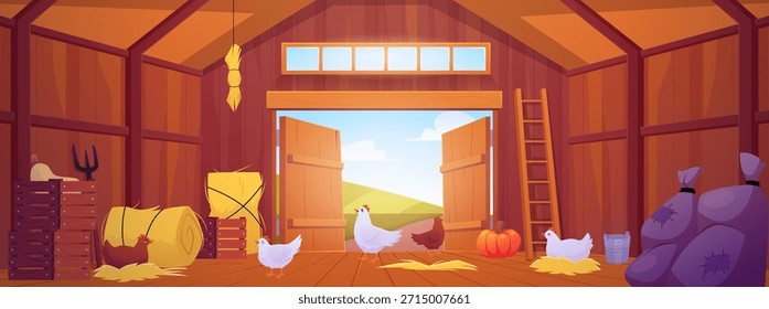 Wooden barn interior. Cartoon haystack, chicken, crop bags, garden tools. Farming haymow and harvest storage, chicken coop with poultry hen nests. Vector flat illustration. Agricultural rural building