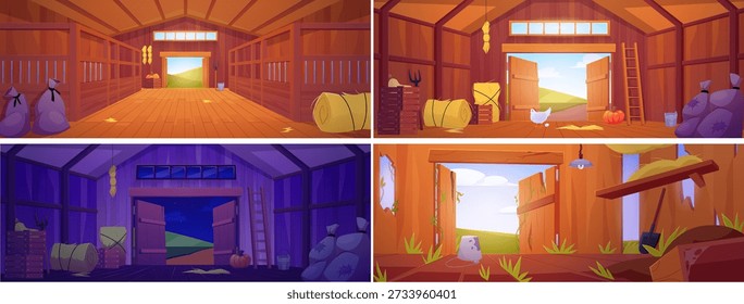 Wooden barn interior day and night. Cartoon haystack, chicken with egg, crop bags, garden tools. Farming haymow and harvest storage, chicken coop with poultry hen nests. Flat rural building vector set