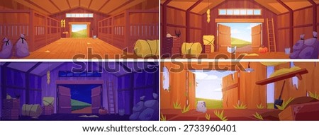 Wooden barn interior day and night. Cartoon haystack, chicken with egg, crop bags, garden tools. Farming haymow and harvest storage, chicken coop with poultry hen nests. Flat rural building vector set