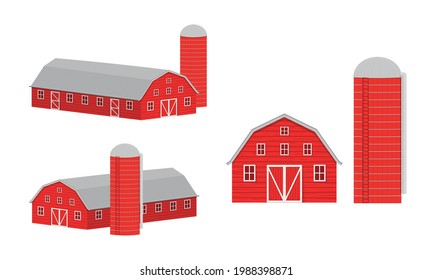 Wooden barn and silo for grain storage front and isometric view. Red farm warehouse building and container for wheat seeds isolated on white background. Vector cartoon illustration.